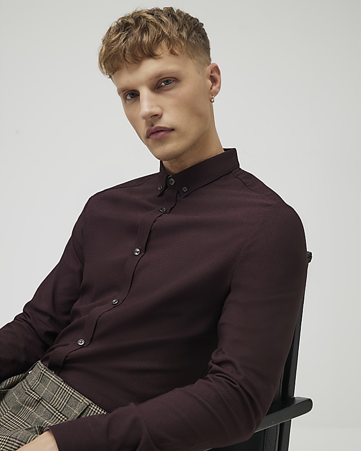 Brown Muscle Fit Textured Shirt