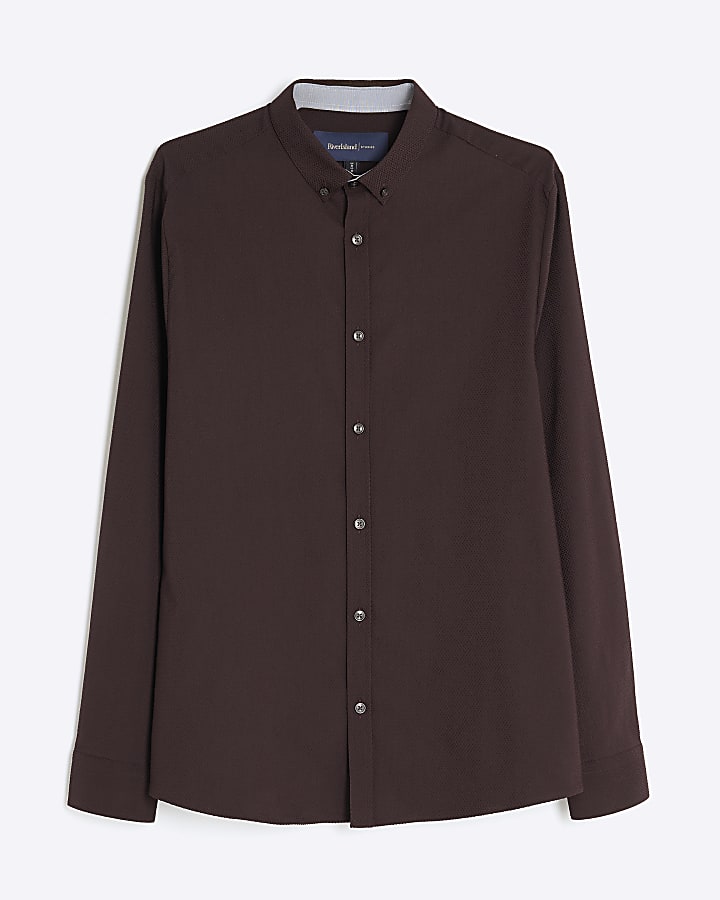 Brown Muscle Fit Textured Shirt
