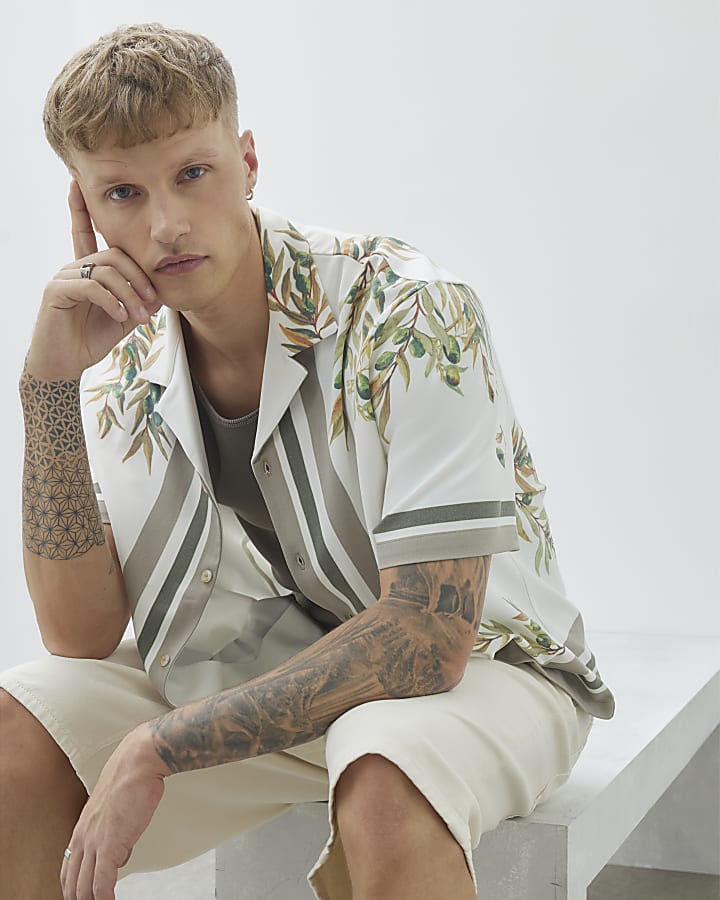 White Regular Fit Olive Print Striped Shirt