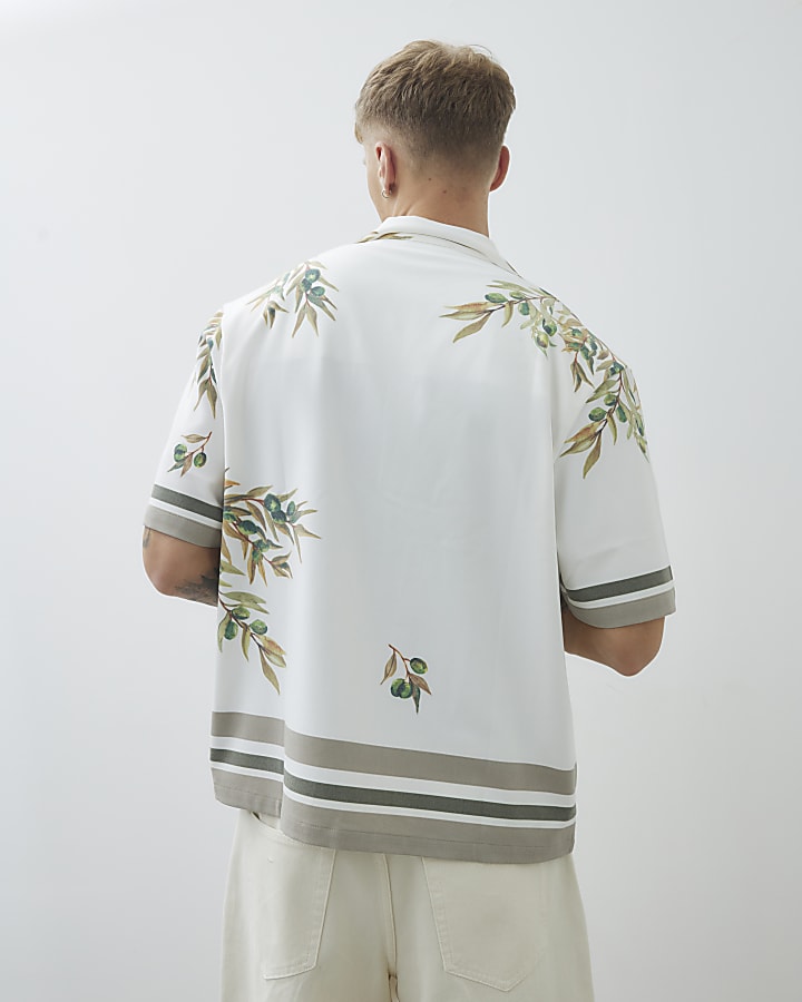 White Regular Fit Olive Print Striped Shirt