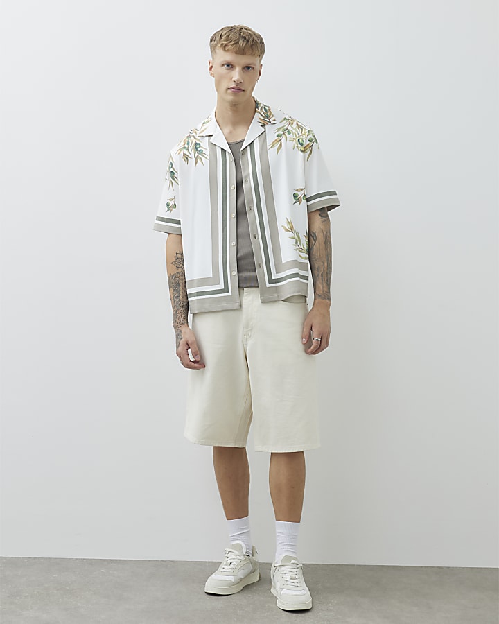 White Regular Fit Olive Print Striped Shirt