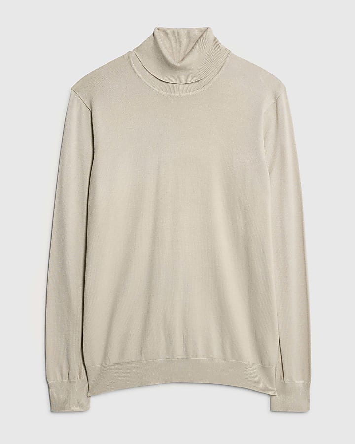 Beige Slim Fit Roll Neck Jumper