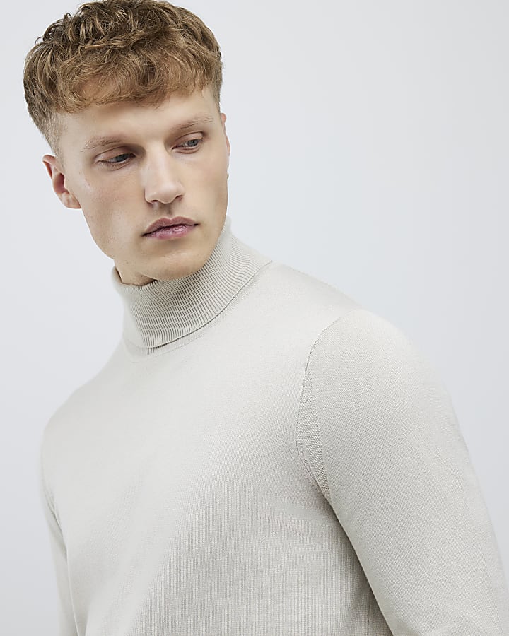 Ecru Slim Fit Roll Neck Jumper