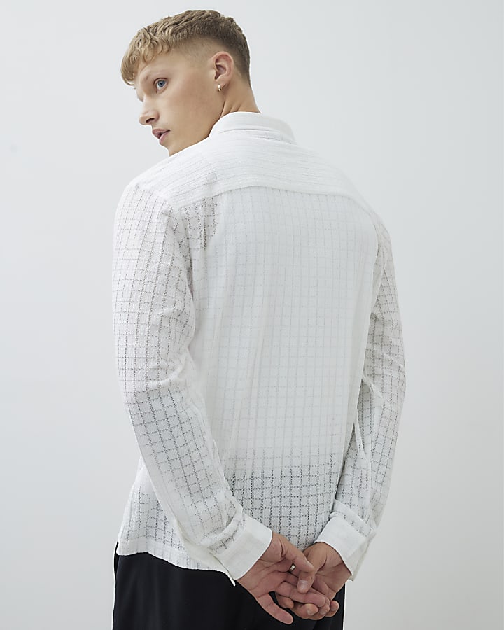 White Regular Fit Grid Textured Shirt