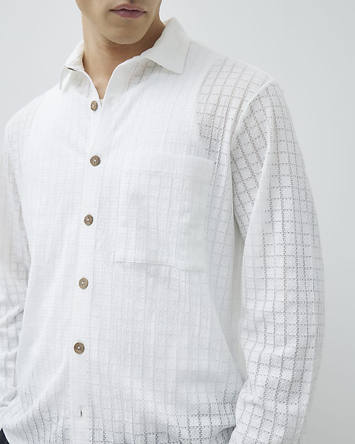 White Regular Fit Grid Textured Shirt