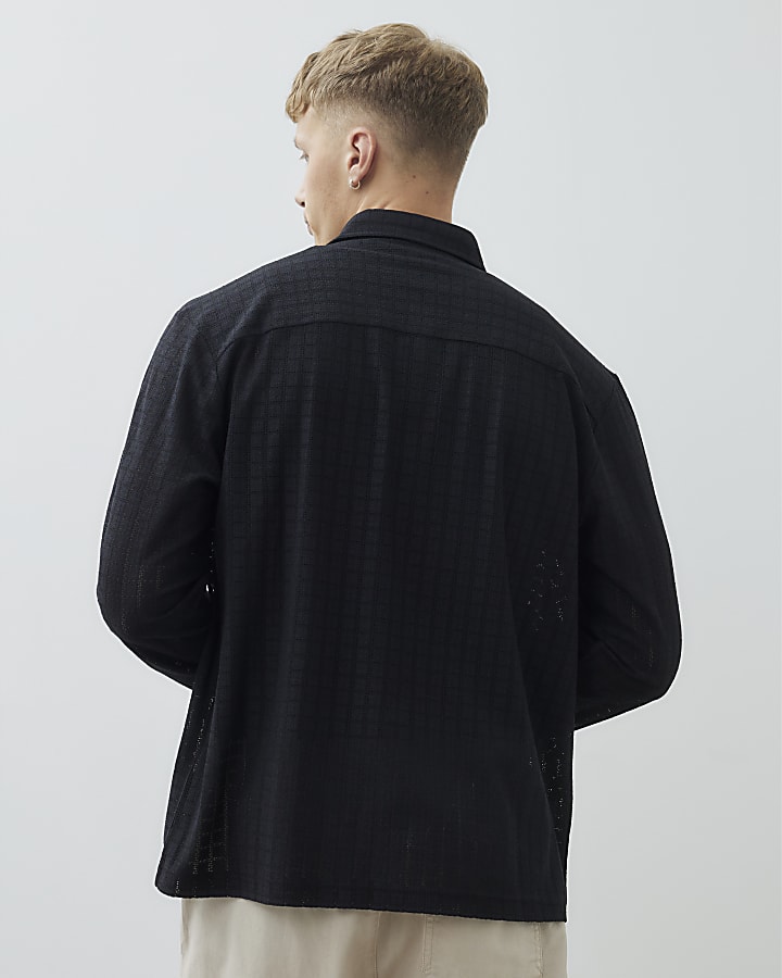 Black Regular Fit Grid Textured Shirt