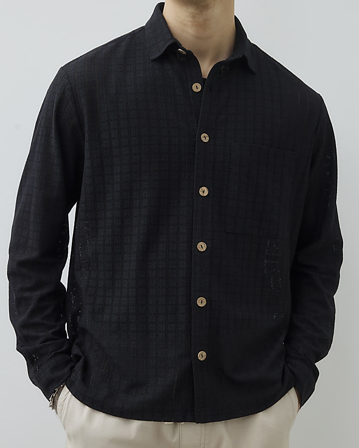 Black Regular Fit Grid Textured Shirt