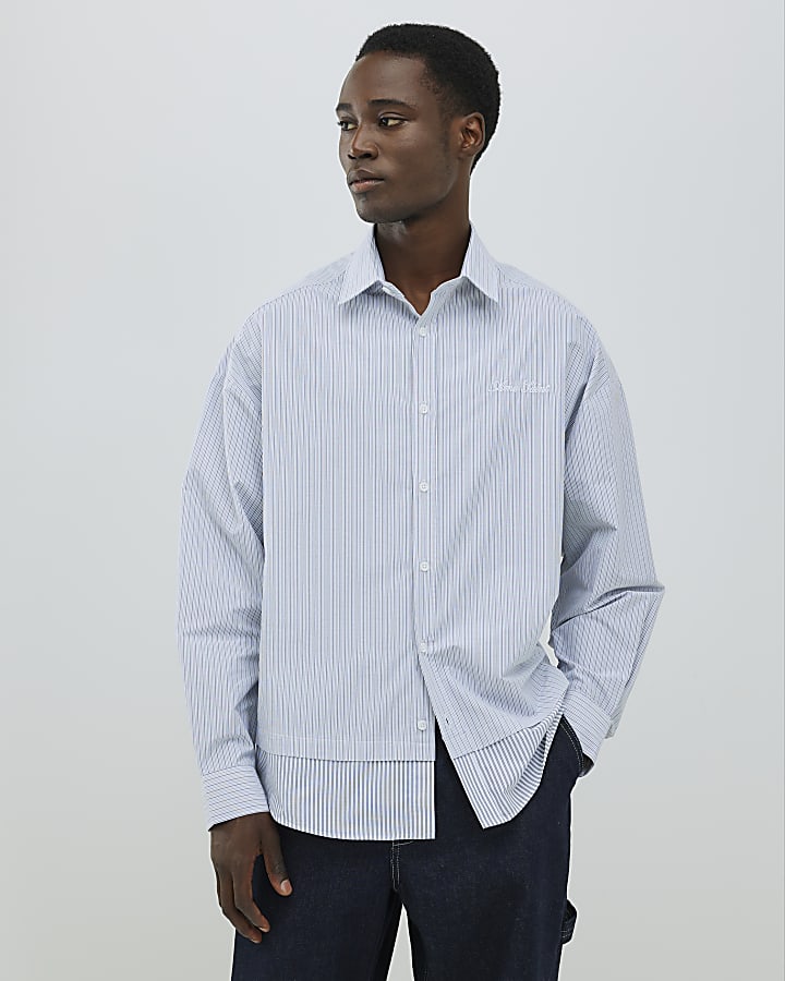 Grey Regular Fit Double Layer Stripe Shirt