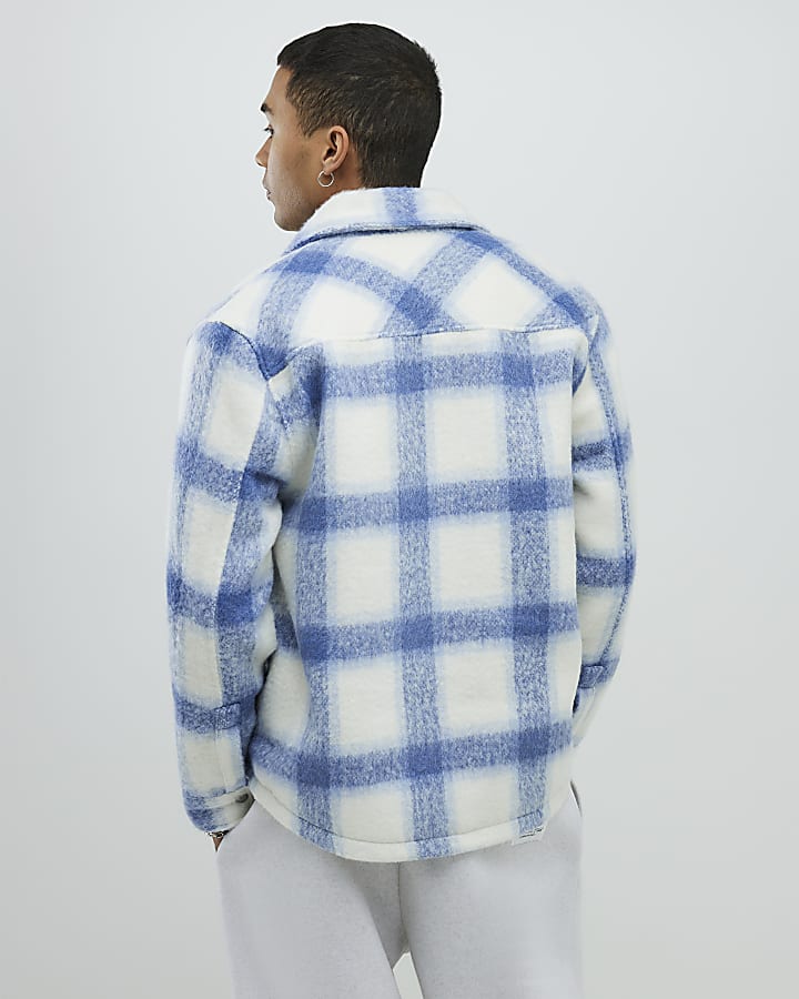 Blue Regular Fit Brushed Check Zip Overshirt