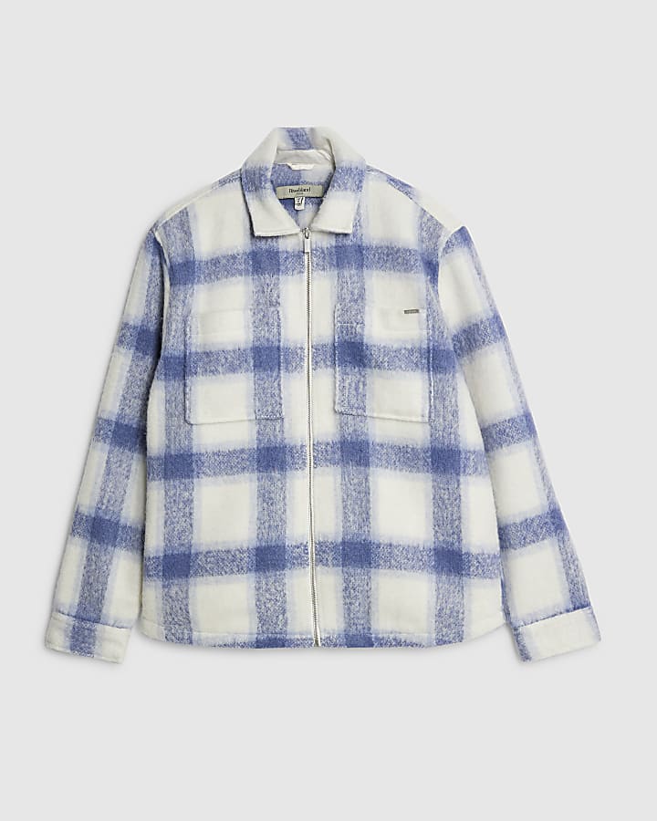 Blue Regular Fit Brushed Check Zip Overshirt