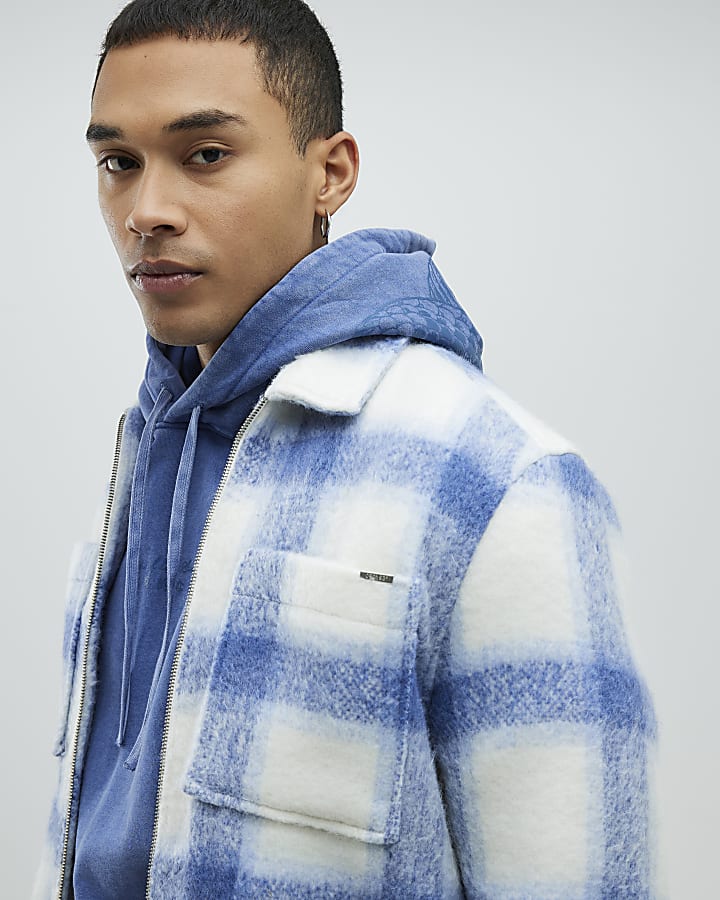 Blue Regular Fit Brushed Check Zip Overshirt