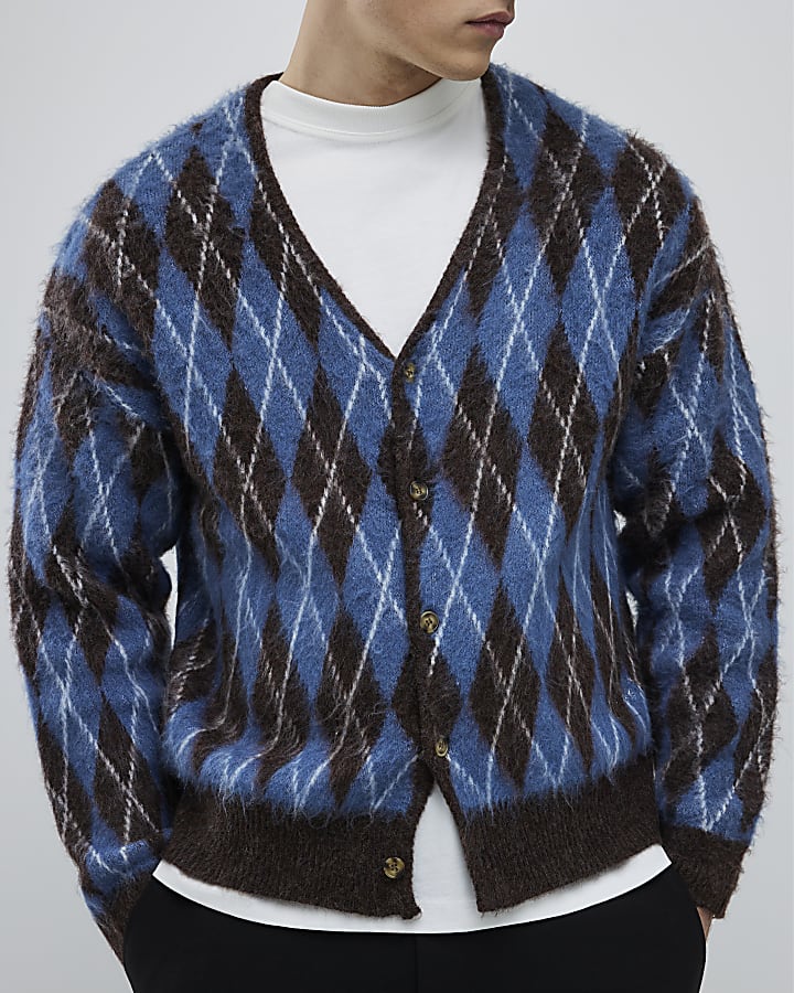 Blue Oversized Fit Argyle Cardigan