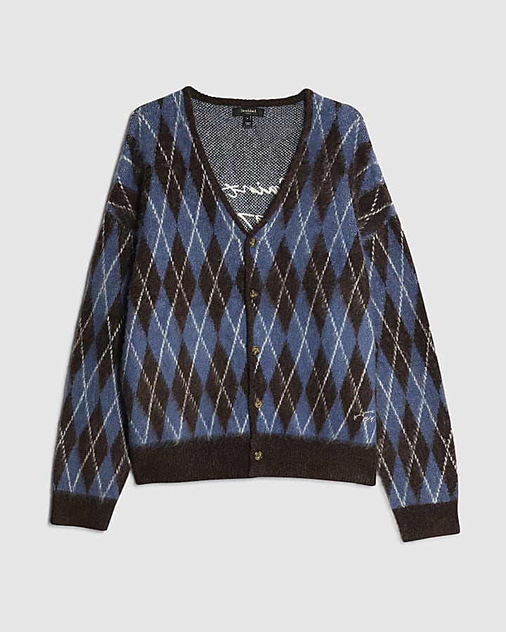 Blue Oversized Fit Argyle Cardigan