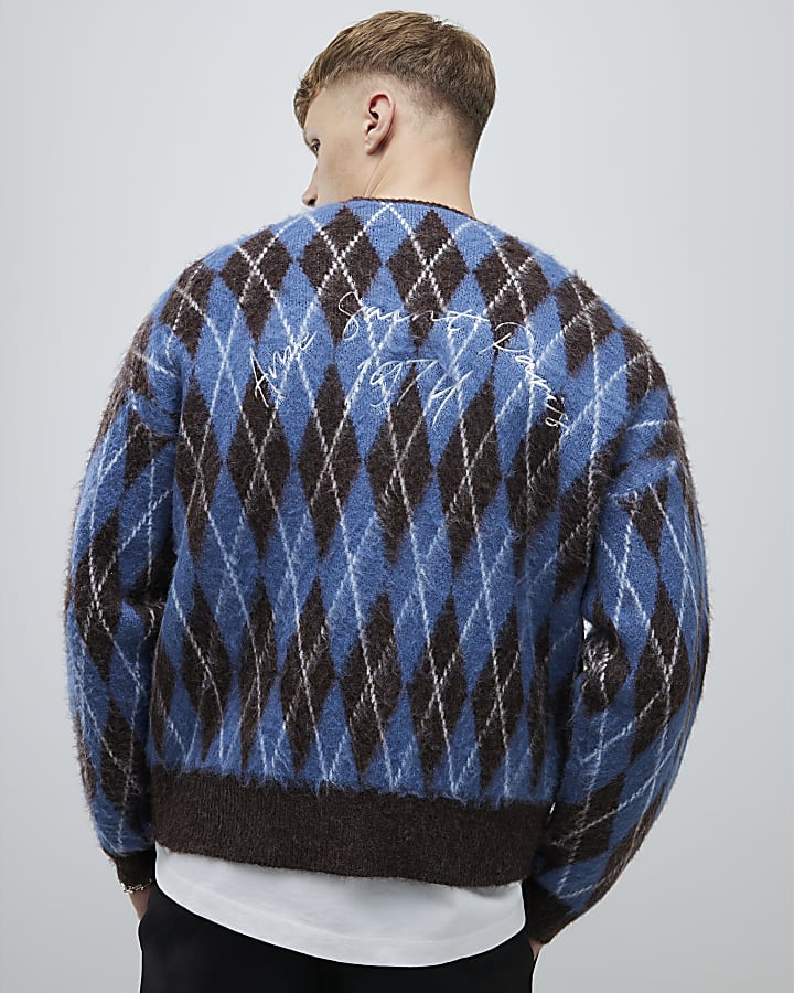 Blue Oversized Fit Argyle Cardigan