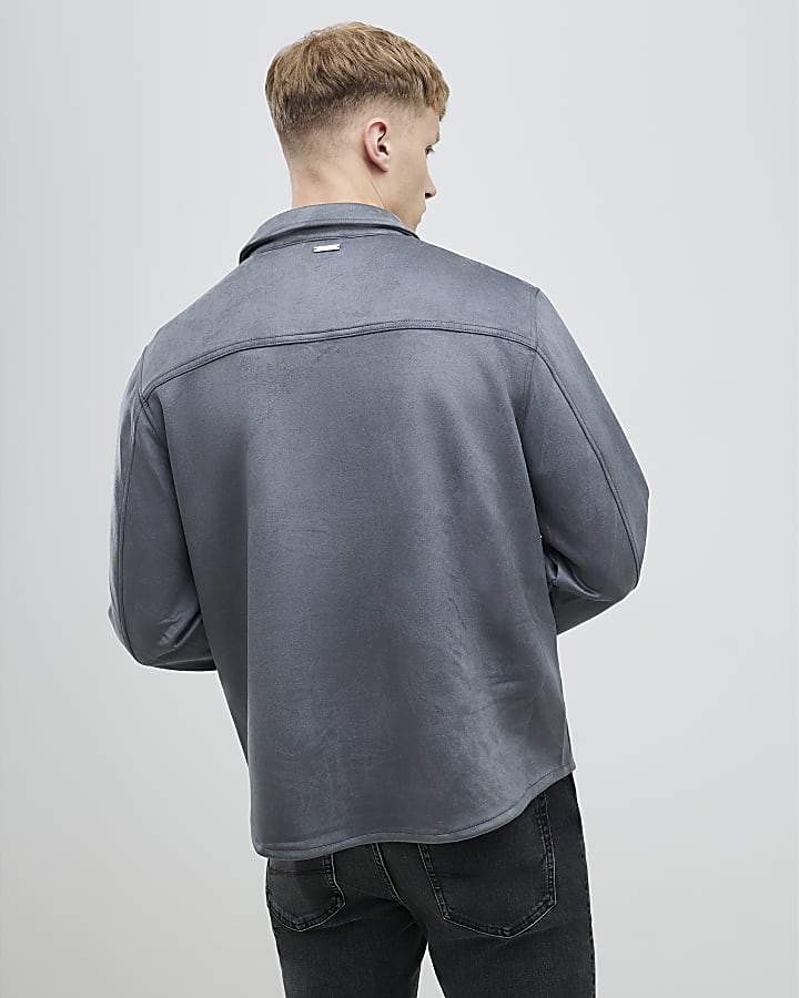Grey Regular Fit Faux Suede Overshirt