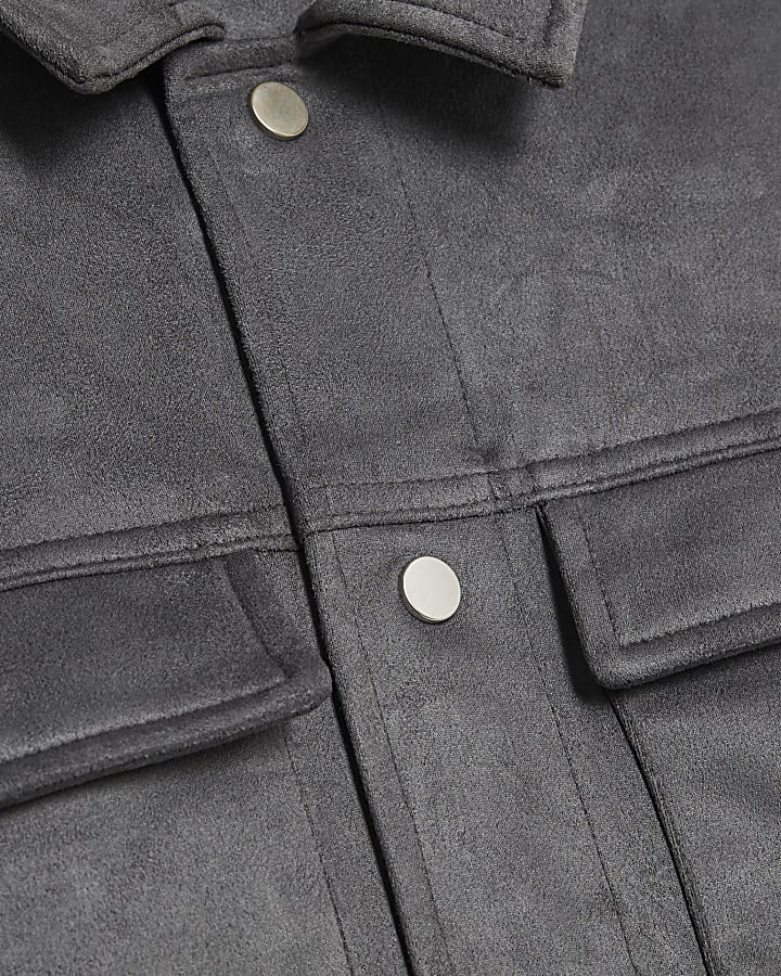 Grey Regular Fit Faux Suede Overshirt