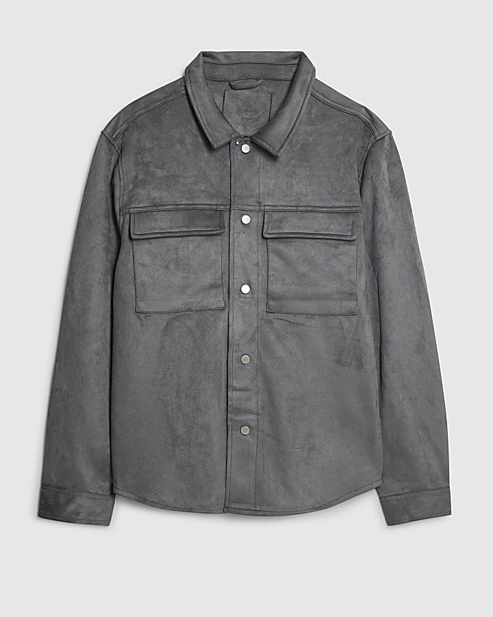 Grey Regular Fit Faux Suede Overshirt