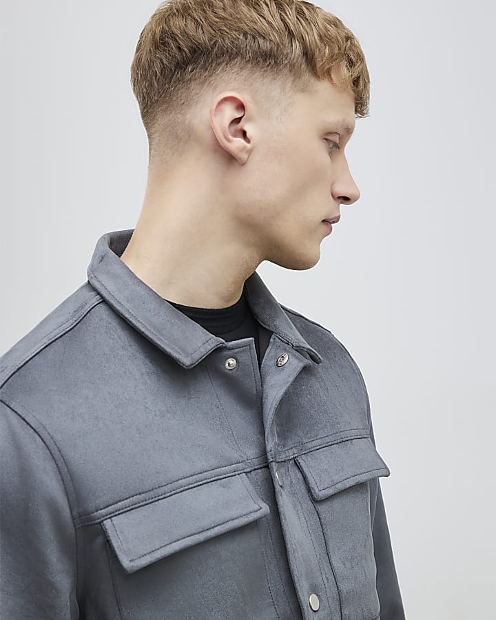 Grey Regular Fit Faux Suede Overshirt