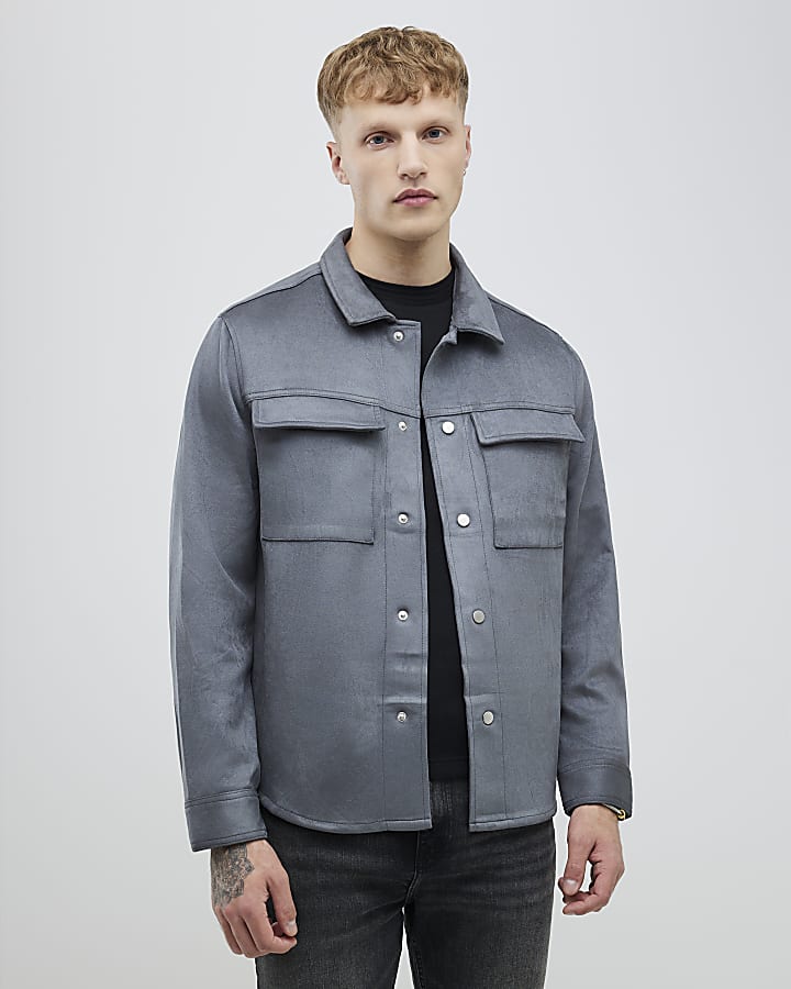 Grey Regular Fit Faux Suede Overshirt