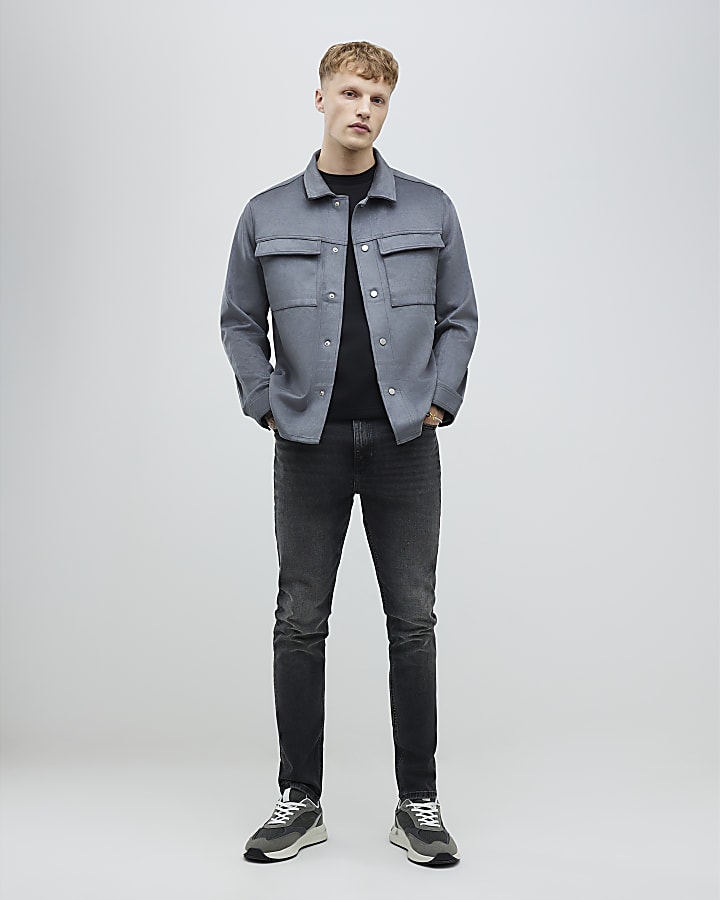 Grey Regular Fit Faux Suede Overshirt
