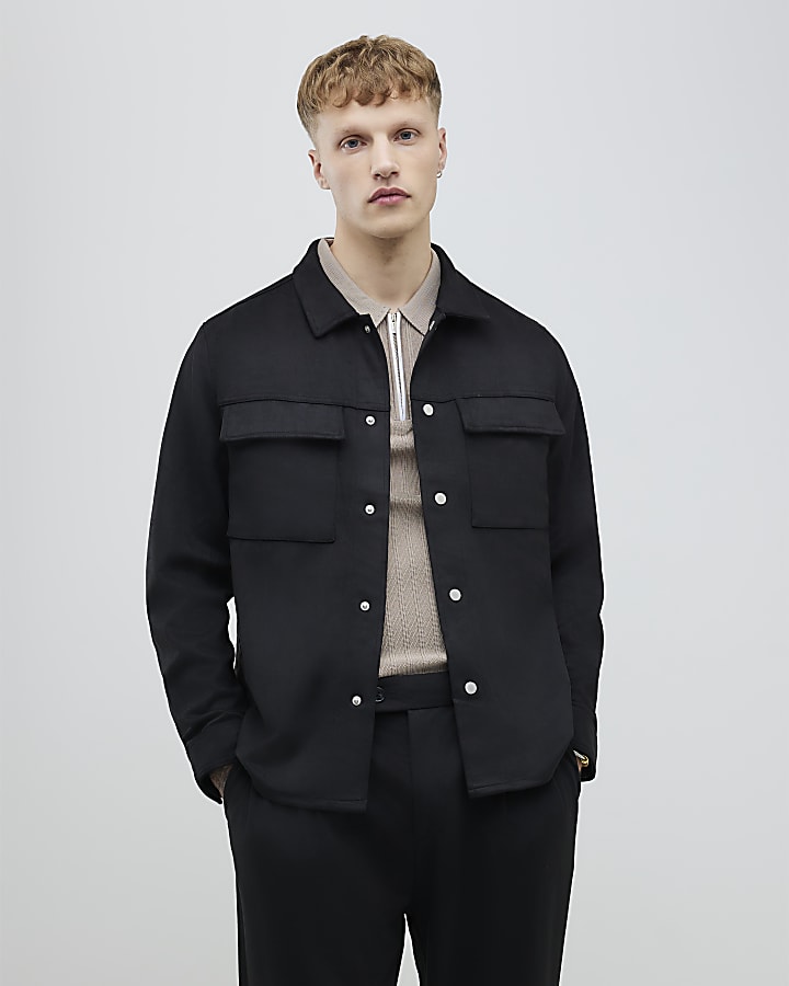 Black Regular Fit Suede Overshirt