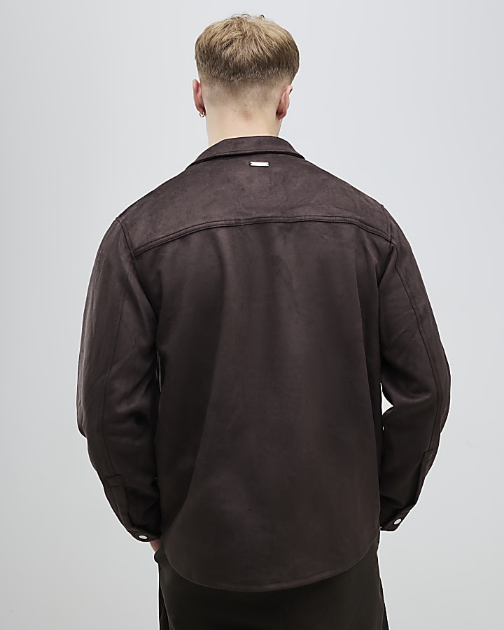 Brown Regular Fit Suede Overshirt
