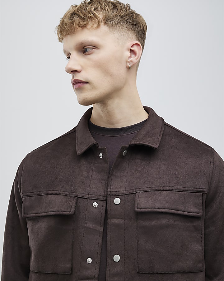 Brown Regular Fit Suede Overshirt