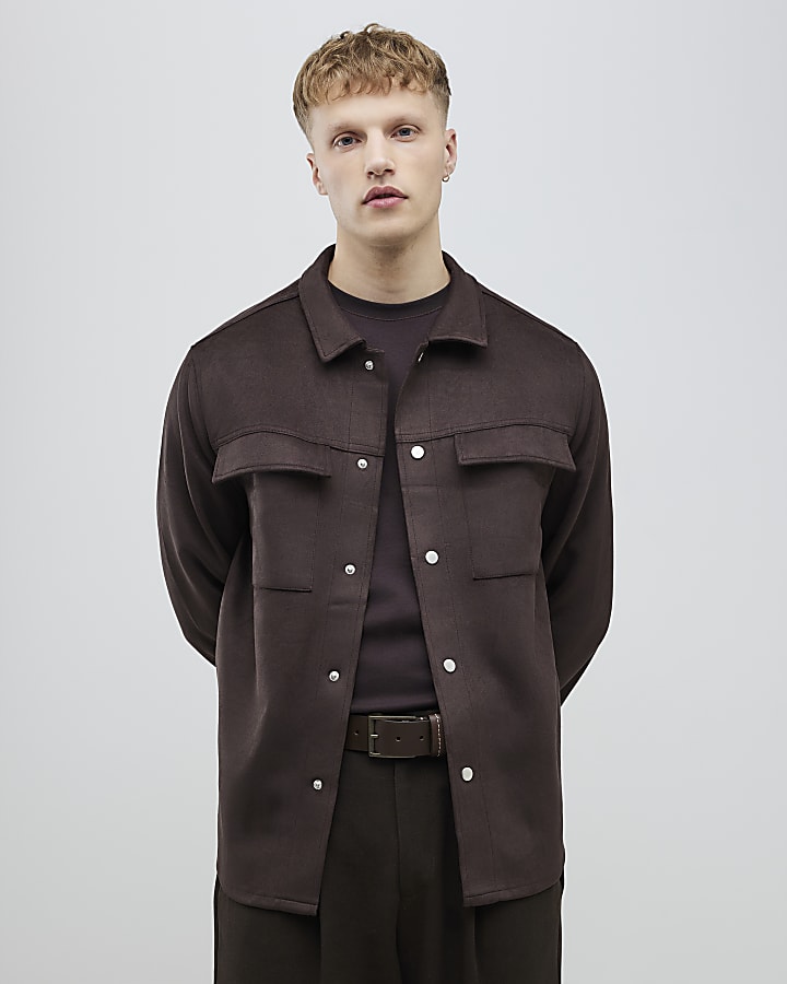 Brown Regular Fit Suede Overshirt
