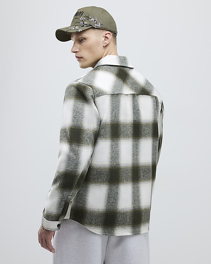 Green Curved hem Checked Overshirt