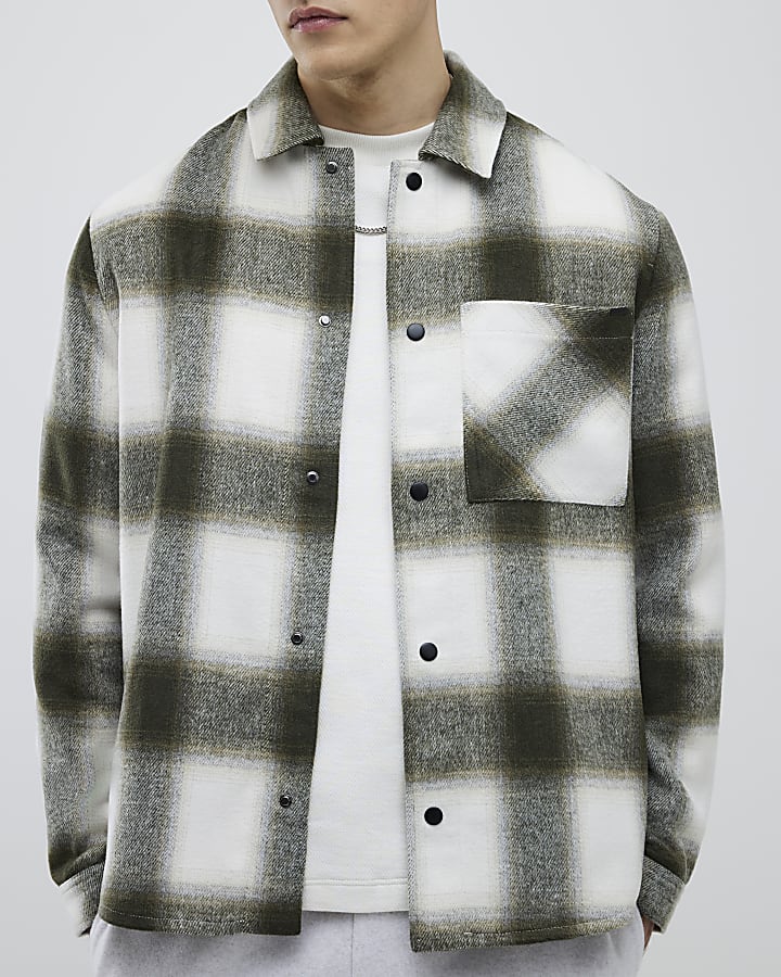 Green Curved hem Checked Overshirt