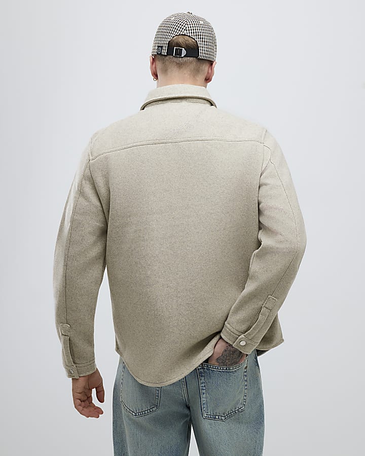 Beige Long Sleeve Curved Hem Overshirt