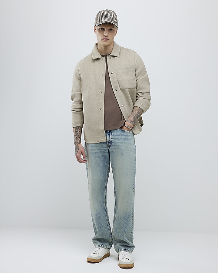 Beige Long Sleeve Curved Hem Overshirt