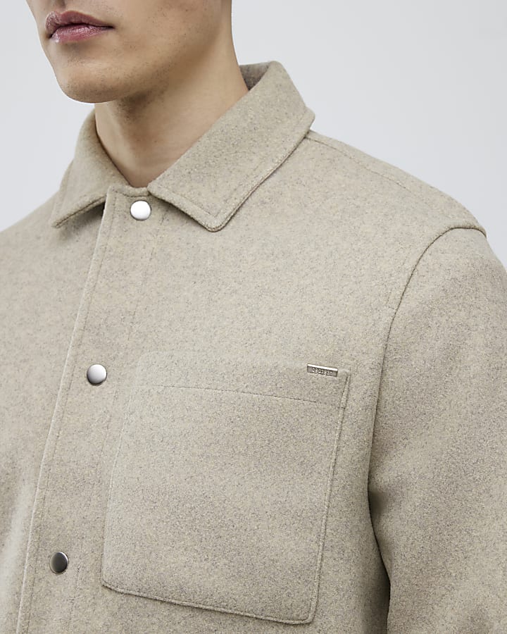 Beige Long Sleeve Curved Hem Overshirt
