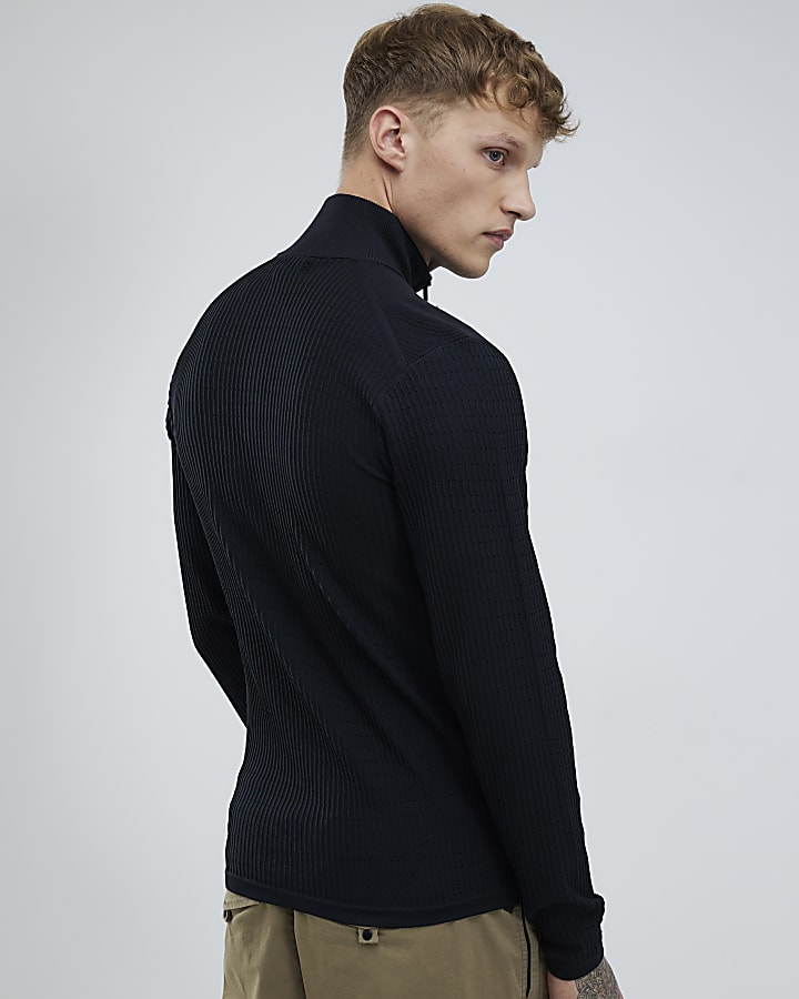 Black Muscle Fit Brick Knitted Funnel Jumper