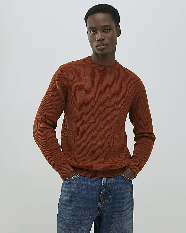 Rust Slim Fit Ribbed Jumper