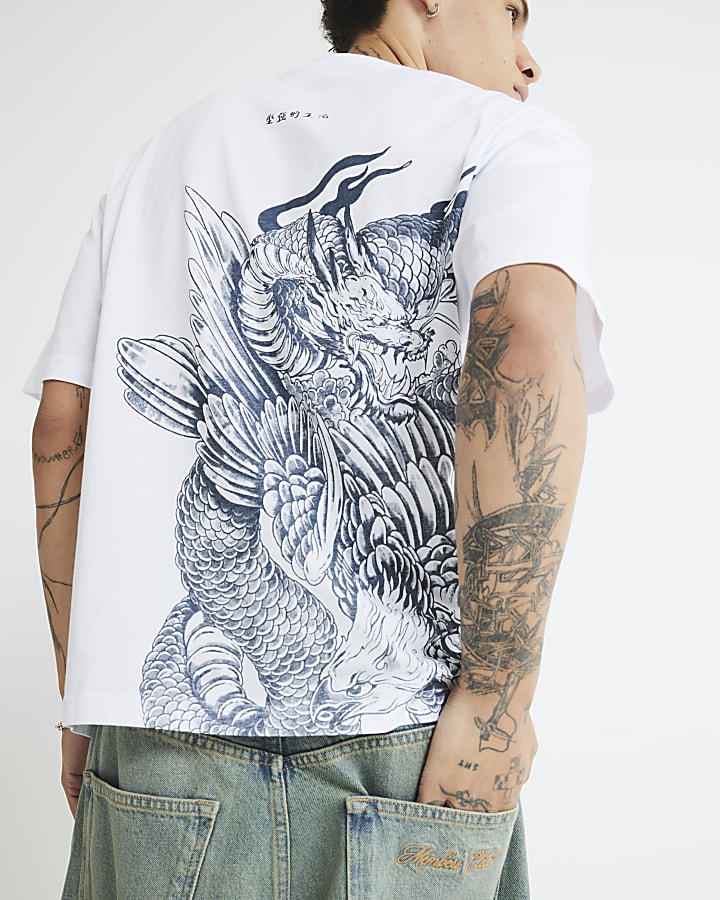 White Oversized Fit Dragon Print T-Shirt