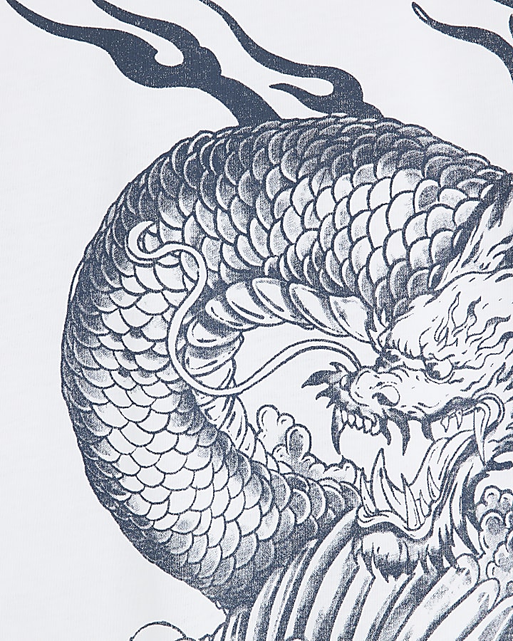 White Oversized Fit Dragon Print T-Shirt