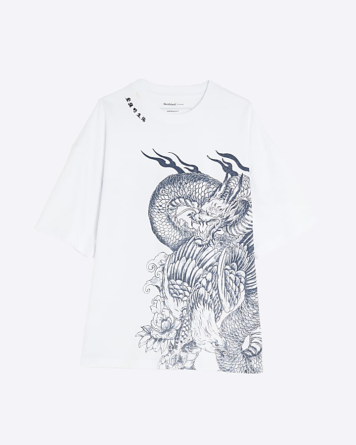 White Oversized Fit Dragon Print T-Shirt