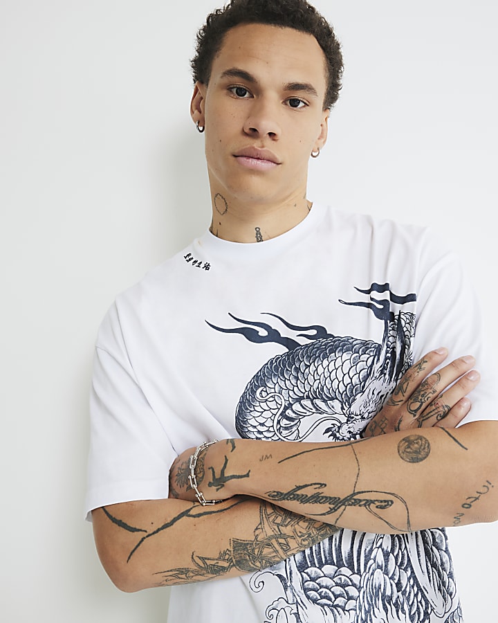 White Oversized Fit Dragon Print T-Shirt