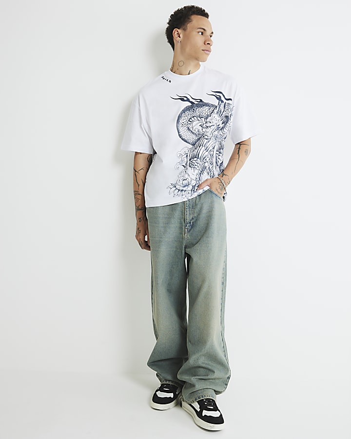 White Oversized Fit Dragon Print T-Shirt