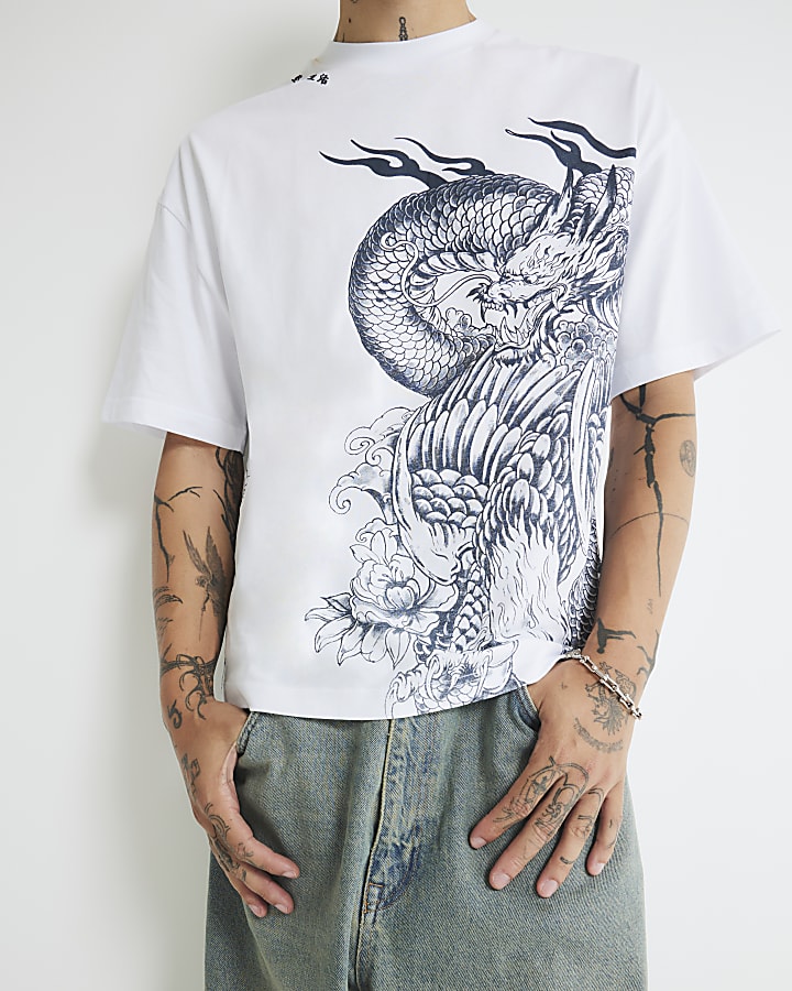 White Oversized Fit Dragon Print T-Shirt