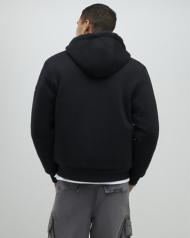 Black Regular Fit Faux Fur Lined Hoodie