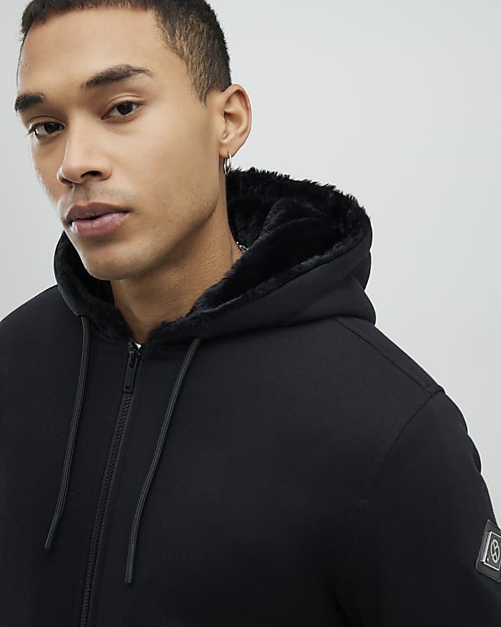 Black Regular Fit Faux Fur Lined Hoodie