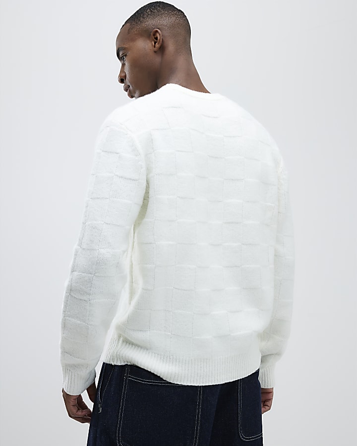 Cream Slim Fit Knitted Check Jumper