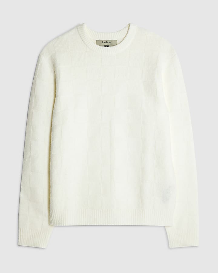 Cream Slim Fit Knitted Check Jumper
