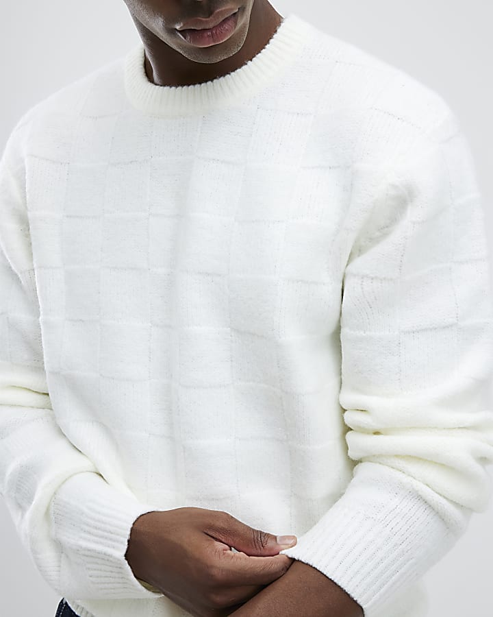 Cream Slim Fit Knitted Check Jumper