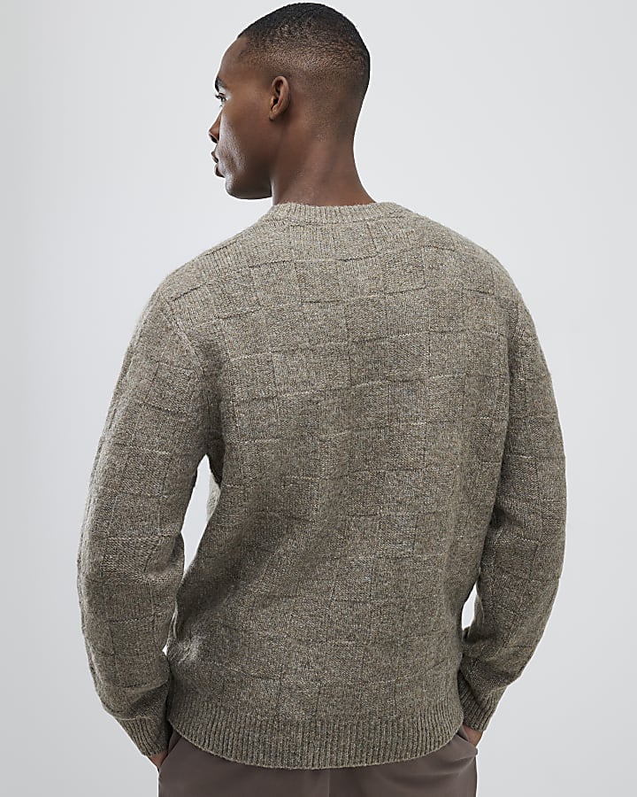 Beige Slim Fit Knitted Check Print Jumper