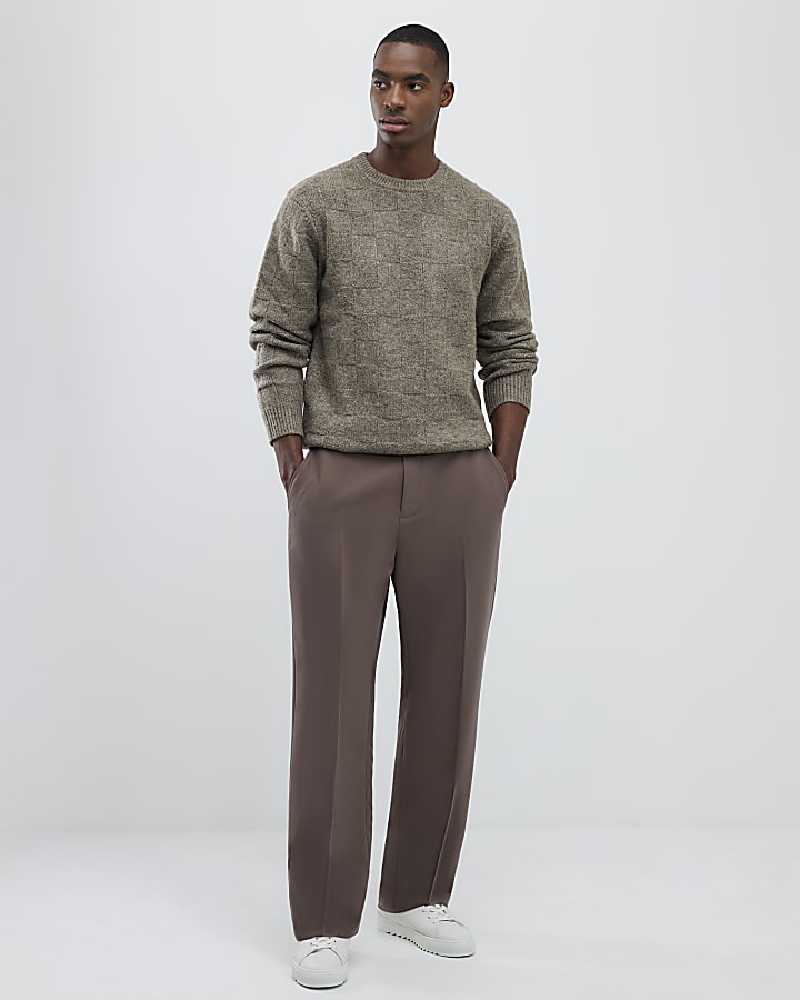 Beige Slim Fit Knitted Check Print Jumper