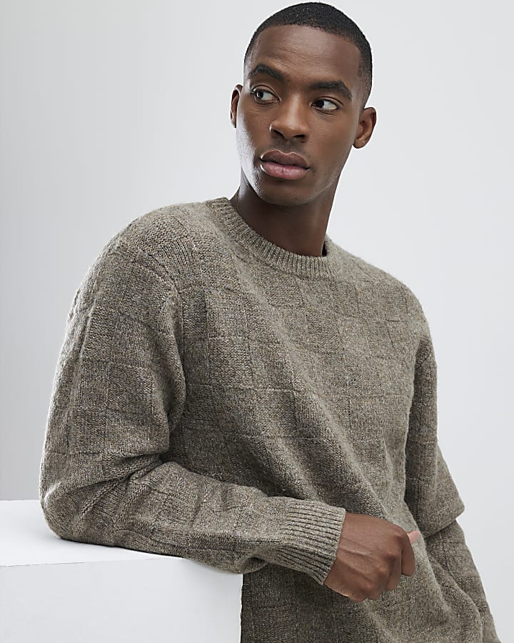 Beige Slim Fit Knitted Check Print Jumper