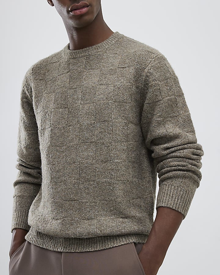 Beige Slim Fit Knitted Check Print Jumper